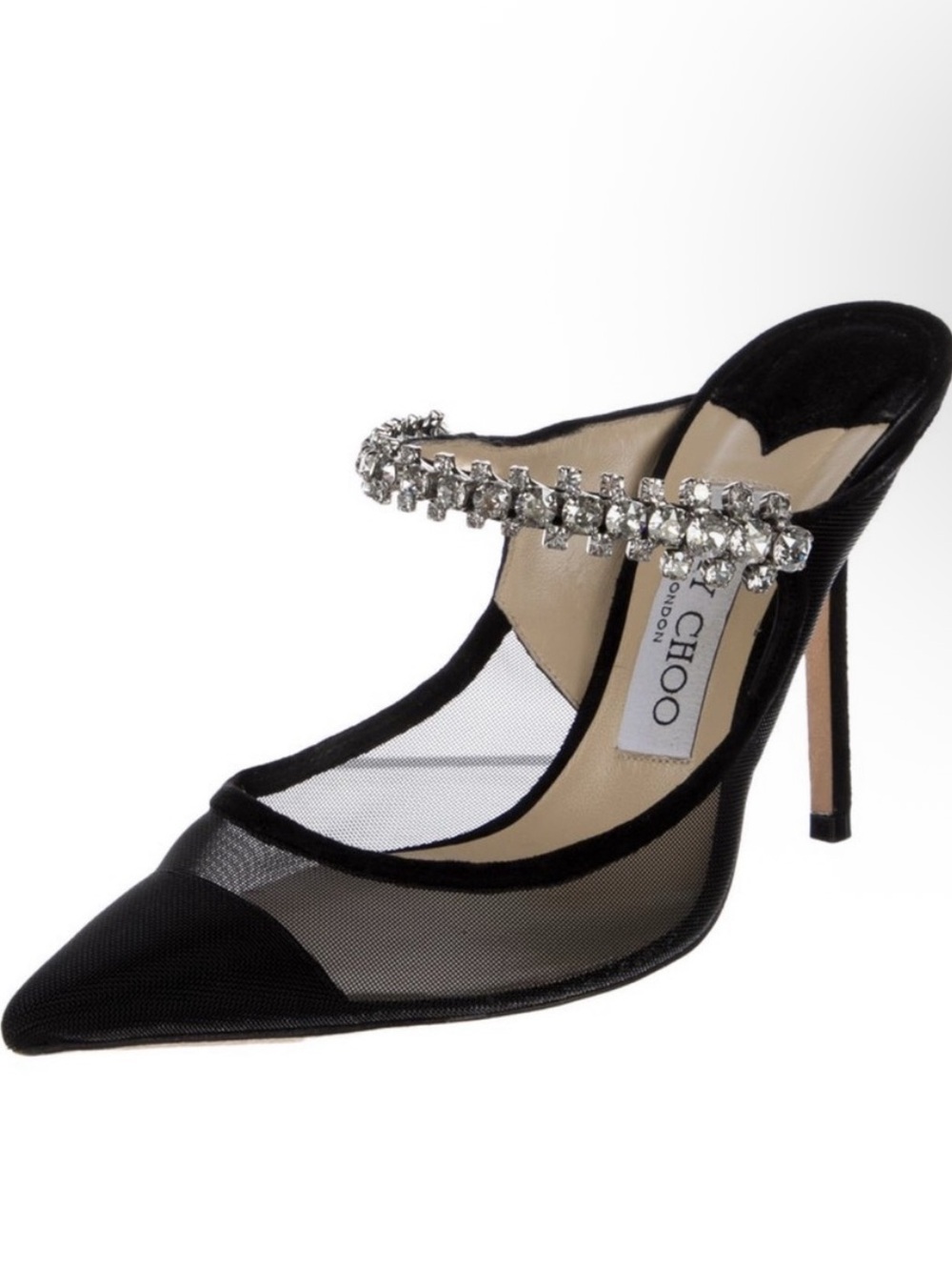 Jimmy Choo Black Mesh Pointed-Toe Crystal-Strap Mules